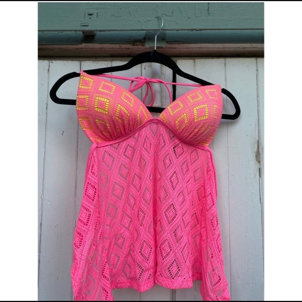 Pink and Yellow Crocheted Tankini Top